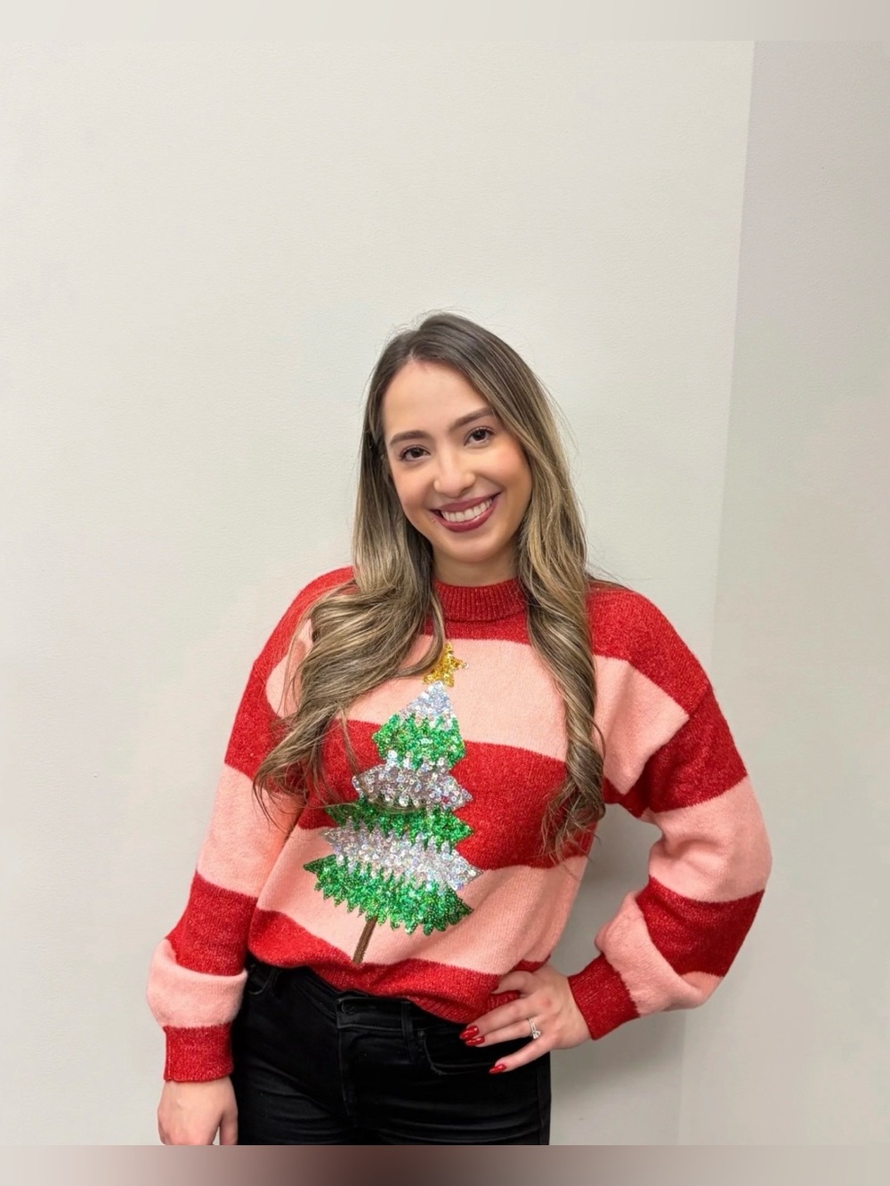 #3294**Striped Red & Pink Sequin Tree Holiday Sweater